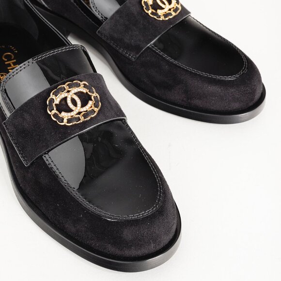 Chanel 22K Black Patent and Suede Crystal-CC Loafers, Size 8.5 - Picture 6 of 11